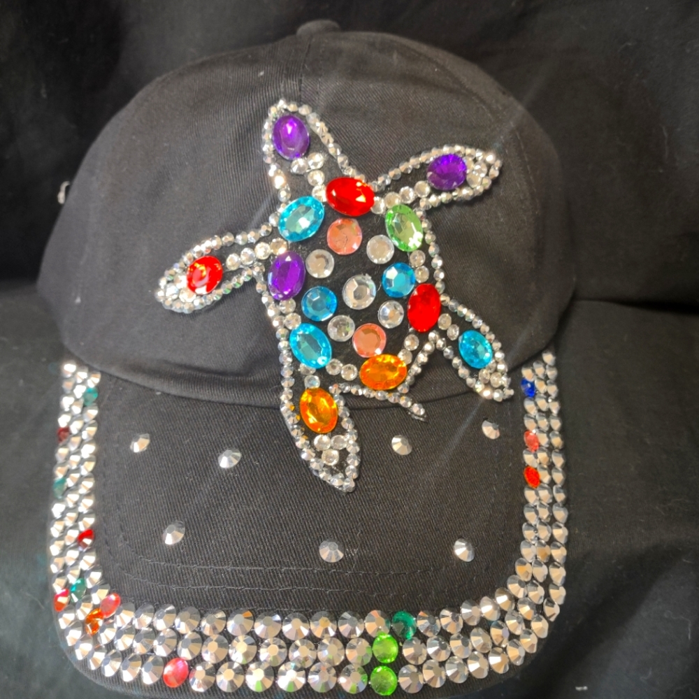 Women's Turtle Rhinestone Black Twill Cotton Baseball Hat by Alabama Girl